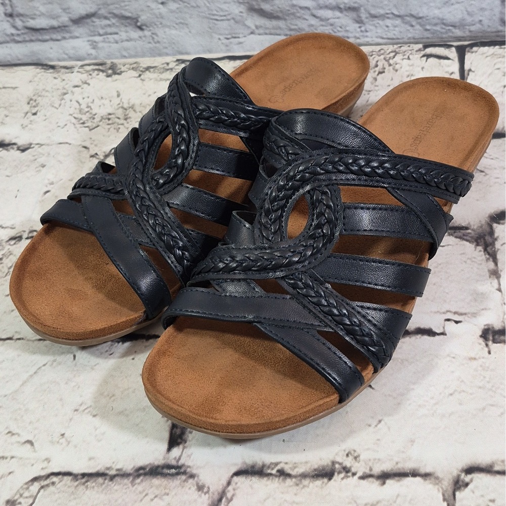 Baretraps JONEVA Vegan Braided Leather Navy Wedge Slide Sandals Strappy 9.5M